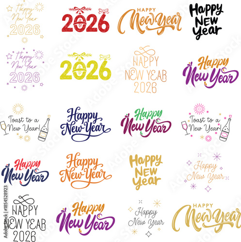 Happy New Year 2026 icon set. Unique 2026 logo design template. Festive, dynamic, and fun concept for New Year's Eve, party invitations, celebration. Vector illustration for greeting card, invitation.