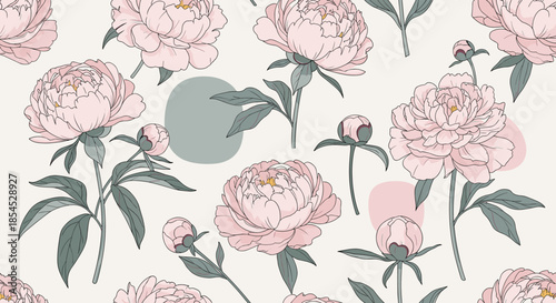 Elegant seamless floral pattern with beautiful hand-drawn pink peony flowers and buds on a soft, light-colored background.