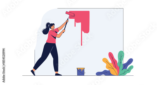 Young woman actively painting a large wall with pink paint using a roller, representing home renovation and interior design.