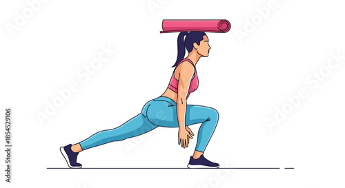 Fit woman in sportswear demonstrating a lunge exercise while balancing a rolled-up pink yoga mat on her head for stability.