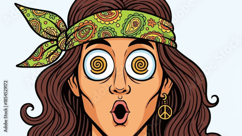 Psychedelic Hippie Woman with Swirl Eyes and Peace Symbol Earring.