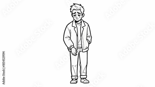Sad Young Man Standing Alone with Hands in Pockets.