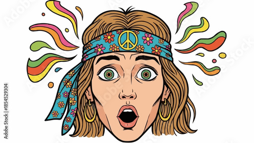 Psychedelic Hippie Woman with Peace Sign Headband and Wide Eyes.