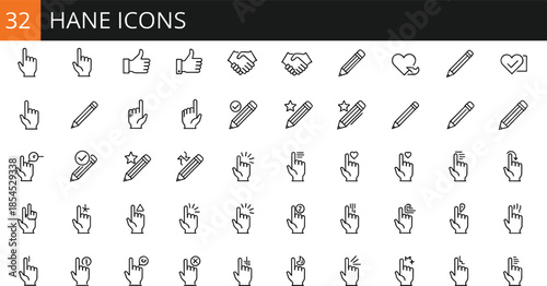Set of hand and pencil vector line icons featuring gestures, writing, and touch symbols with editable stroke for interaction design