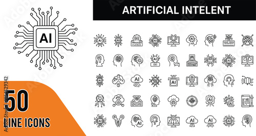 Set of artificial intelligence and technology vector line icons featuring brain robot and chip symbols with editable stroke for digital