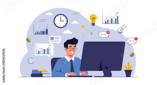 Efficient businessman multitasking at his computer, effectively managing time, analyzing data, and communicating for optimal productivity.