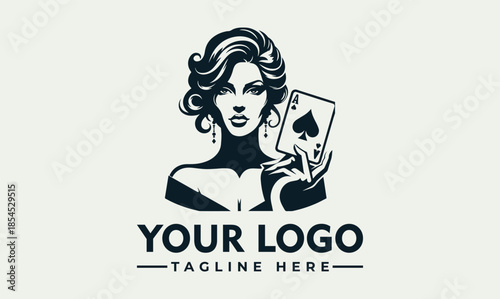 Vector illustration of a woman holding poker cards with a logo and tagline on a clean background, conveying a sophisticated and modern design aesthetic.