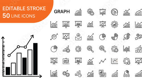 Set of graph and chart vector line icons featuring data analysis statistics and growth symbols with editable stroke for business report