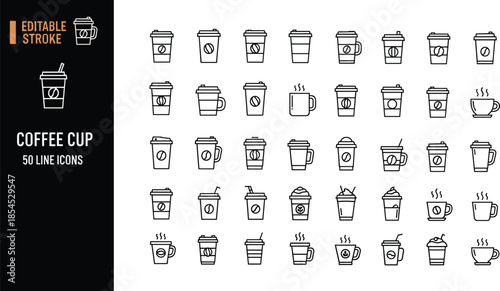 Set of coffee cup and mug vector line icons featuring takeaway drink and steam symbols with editable stroke for cafe menu