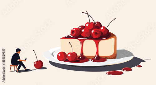Surreal illustration of a tiny person looking at a phone next to a giant, delicious slice of cherry cheesecake on a plate.