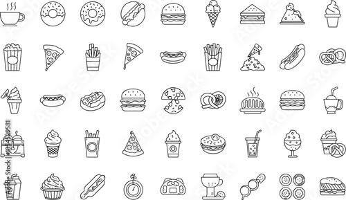 Set of fast food and junk food vector line icons featuring burger pizza fries and drinks with editable stroke for menu