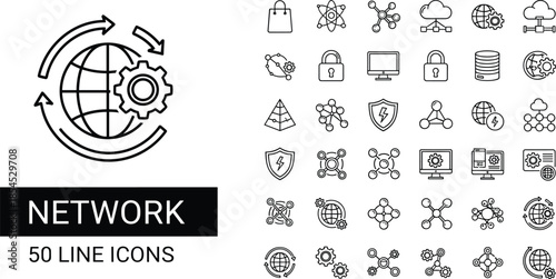 WebSet of network and technology vector line icons featuring global connection, server, and cloud symbols with editable stroke for web design