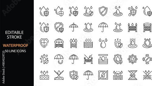 Set of waterproof and water resistant vector line icons featuring drops, umbrellas, and shield symbols with editable stroke for packaging