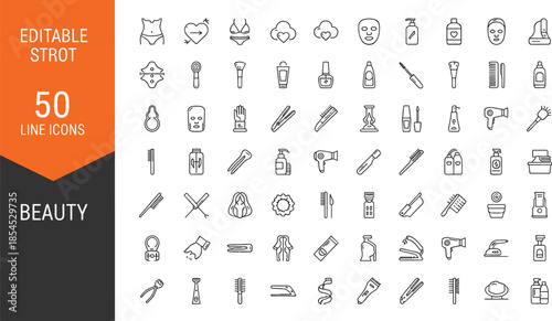 Set of beauty and cosmetics vector line icons featuring makeup, hair salon, and spa symbols with editable stroke for fashion