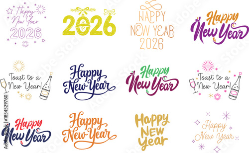 Happy New Year 2026 icon set. Unique 2026 logo design template. Festive, dynamic, and fun concept for New Year's Eve, party invitations, celebration. Vector illustration for greeting card, invitation.