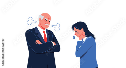 Grumpy senior businessman boss scolding a young female office worker who is crying from intense work stress and professional pressure.