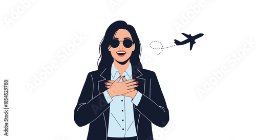 Happy businesswoman wearing sunglasses and suit dreaming about travel with an airplane silhouette in background.