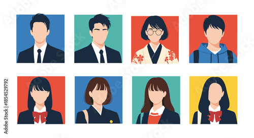 Collection of diverse people avatars including students and business professionals in various colorful square frames.