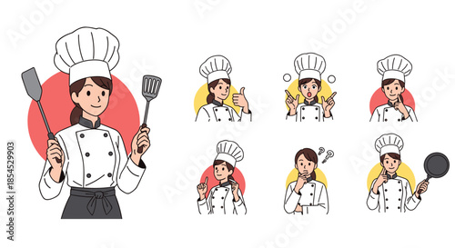 Collection of female chef characters in white uniforms showing various professional expressions and different cooking actions in kitchen.