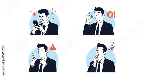 Businessman character set showing four different professional actions including using a smartphone giving okay sign and thinking.
