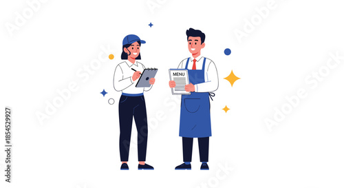 Professional waitress and waiter in service uniforms preparing to take orders with a menu and notepad in hand on white background.