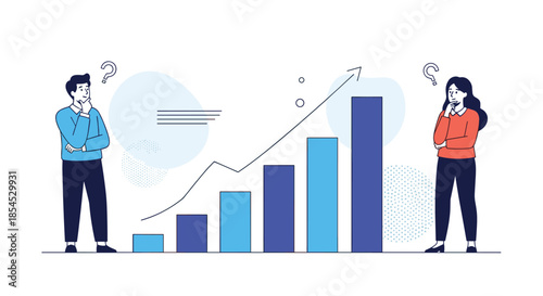 Businessman and businesswoman looking thoughtfully at a growing bar chart with rising arrow and question marks.
