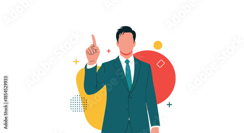 Confident businessman in dark suit pointing his finger upwards as a clear sign of having a new innovative idea or future vision.