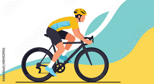 Dynamic illustration of a male cyclist in professional gear, wearing a yellow helmet and riding a modern racing bicycle.