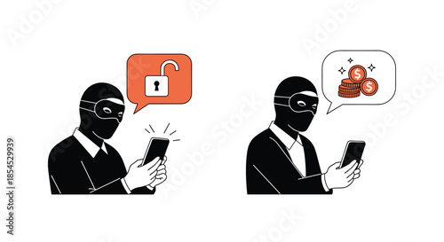 Two cyber criminals wearing black masks using smartphones to hack security locks and steal digital money and coins from online accounts.