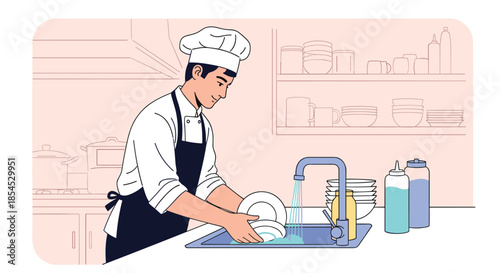 Professional male chef wearing white uniform and black apron washing dishes in a clean commercial kitchen sink.