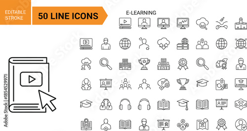 Set of e-learning and education vector line icons featuring online course, video lesson, and graduation symbols with editable stroke for school