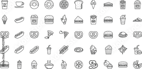 Set of fast food and snacks vector line icons featuring burger pizza fries and drinks with editable stroke for menu