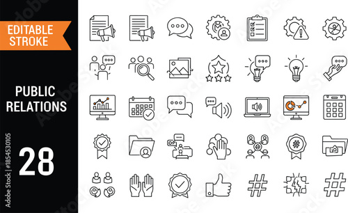 Set of public relations and marketing vector line icons featuring communication, reputation, and strategy symbols with editable stroke for business