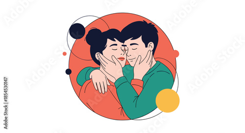 Affectionate young couple embracing with their eyes closed, framed in a circle with abstract planets, symbolizing a world of their own.