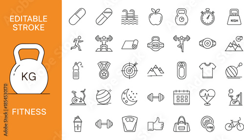 Set of fitness and gym vector line icons featuring workout equipment, health symbols, and sports gear with editable stroke for training
