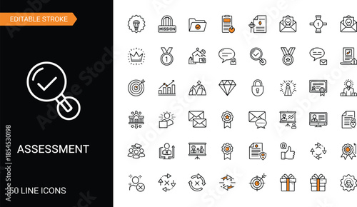 Set of assessment and evaluation vector line icons featuring analysis, audit, and quality control symbols with editable stroke for business