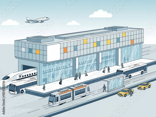 A modern transportation hub with buses and taxis outside a sleek building with an airplane flying above