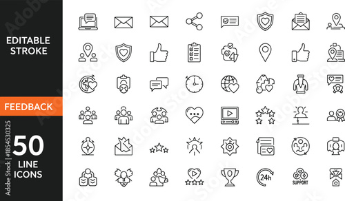 Set of feedback and review vector line icons featuring rating stars, testimonials, and customer satisfaction symbols with editable stroke for business
