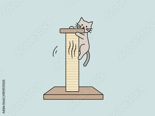 A cartoon kitten plays on a scratching post in a simple illustration