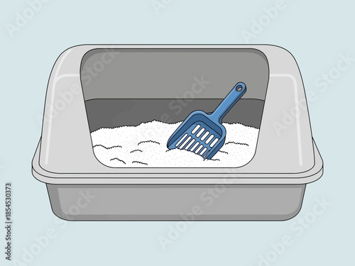 A blue litter scoop lies in a cat litter box filled with white sand on a light blue background