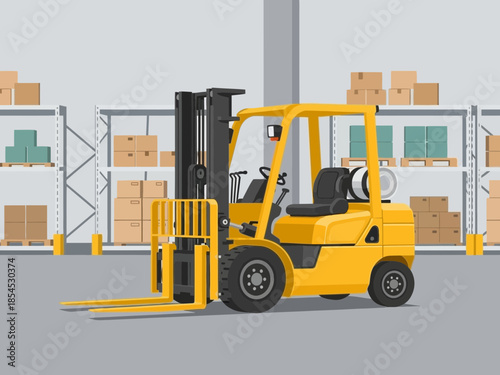 A yellow forklift is parked in a warehouse with shelves stocked with boxes and packages.