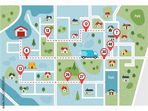 Aerial view of a delivery truck navigating through a residential neighborhood with numbered stops