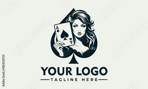 Vector logo design featuring a woman holding poker cards in a circular emblem with a spade and customizable text on a light gray background.