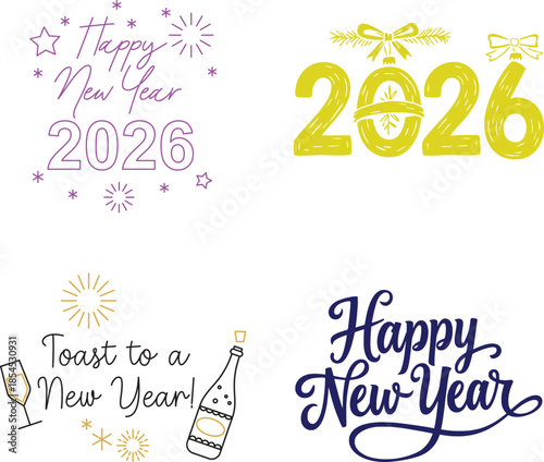 Happy New Year 2026 icon set. Unique 2026 logo design template. Festive, dynamic, and fun concept for New Year's Eve, party invitations, celebration. Vector illustration for greeting card, invitation.
