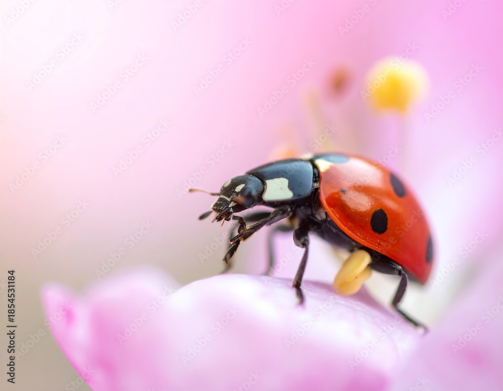Fototapeta premium Close-up of a vibrant ladybug perched on a delicate pink flower