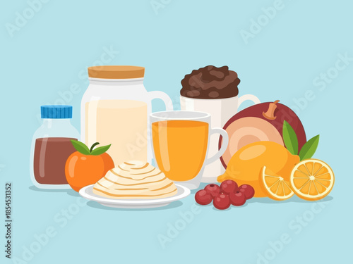 A glass of orange juice surrounded by fruits and milk on a table