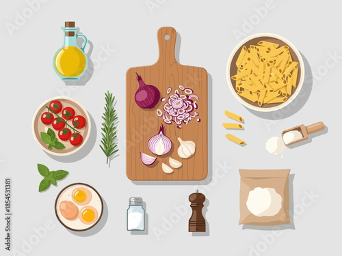 Assorted ingredients for pasta preparation on a kitchen counter, including vegetables, herbs, and condiments, displayed from a top-down view.