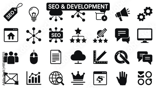 SEO and web development icons set with digital marketing, analytics and optimization symbols
