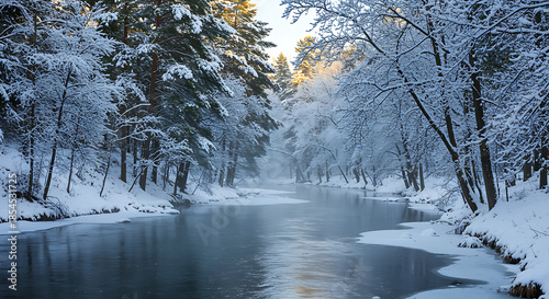 Serene snowy river landscape in forest