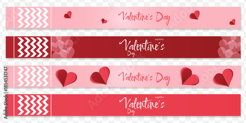 A set of four horizontal bracelets for Valentine's Day. Pink and red colors, decorated with hearts and zigzags. Perfect for promotions, parties, and holiday merchandise.
